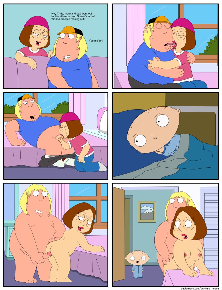 1girls 2boys accurate_art_style barefoot bedroom bending_over big_sister blonde_hair_male blowjob brother_and_sister cap caught caught_in_the_act chris_griffin clothing comic comic_page dialogue doggy_style family_guy glasses half-closed_eyes headwear incest kissing lipstick little_brother meg_griffin nerdy_female nude nude_female nude_male older_sister overweight pants_down pink_nipples seductive short_hair stewie_griffin sucking_penis tongue venturatheace watching younger_brother