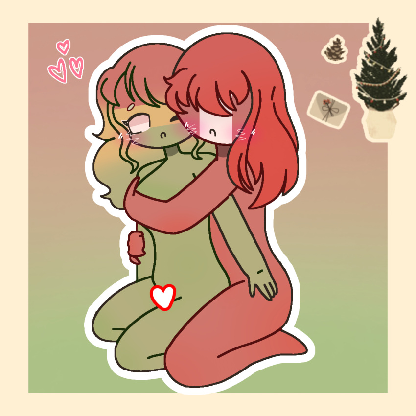 2d 2girls :o aesthetic anthro ass_grab bangs blush bolivia_(countryhumans) breast_grab censored censored_pussy christmas countryhumans countryhumans_girl covered_eyes female female_focus female_only gradient_background green_body green_skin heart heart_censor homosexual hug hug_from_behind huge_breasts lesbian letter long_hair mari_sumi medium_breasts multicolored_background multicolored_hair naked no_pupils nude nude_female peru_(countryhumans) pine_tree plant red_body red_hair red_skin simple_background surprised thighs three_tone_hair two_tone_background white_eyes wholesome yuri