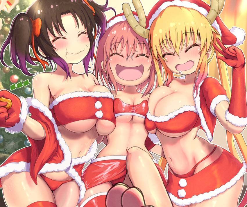 3girls big_breasts blush breast_size_difference breasts christmas christmas_outfit closed_eyes elma_(dragon_maid) feet female female_only glasses gloves horns kobayashi legwear miss_kobayashi's_dragon_maid orange_hair ozrereresan red_eyes red_hair santa_hat small_breasts thighhighs toes tohru_(dragon_maid) twintails