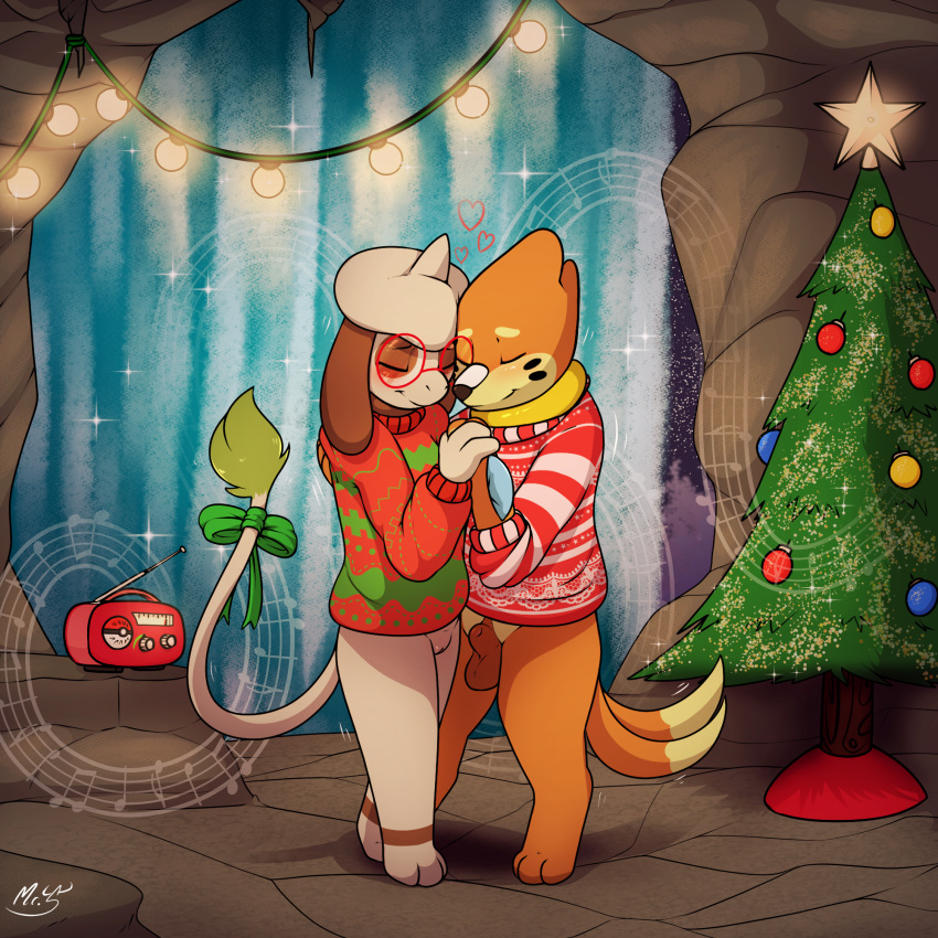 1:1 animal_genitalia anthro balls blush buizel cave christmas christmas_clothing christmas_lights christmas_sweater christmas_topwear christmas_tree closed_eyes clothed clothing detailed_background digital_media_(artwork) duo eyewear female fully_sheathed generation_2_pokemon generation_4_pokemon genitals glasses heart hi_res holidays kai_(mr.smile) male male/female mimi_(mr.smile) musical_note nintendo paws plant pokémon_(species) pokemon pokemon_(species) pussy radio sheath slow_dancing smeargle smile sweater topwear tree video_games waterfall