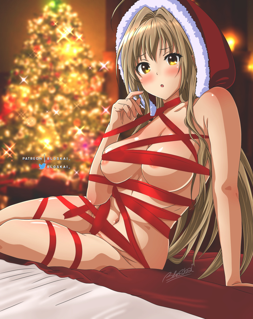 1girls amagi_brilliant_park bloskai breast_squeeze breasts christmas christmas_headwear female_only hi_res highres sento_isuzu solo solo_female tied_up