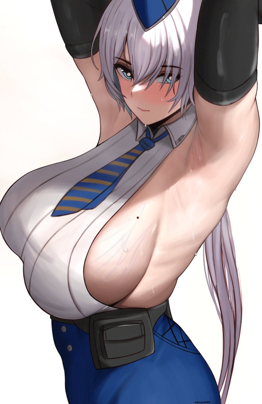 1girls 2022 absurdres armpit armpit_fetish armpits arms_up big_breasts blue_eyes blue_headwear blue_necktie blue_skirt blush breasts brid_(nikke) edmun elbow_gloves female gloves goddess_of_victory:_nikke highres huge_breasts large_breasts long_skirt mole mole_on_breast necktie no_bra pouch sideboob skirt solo sweat veins veiny_breasts white_background white_hair