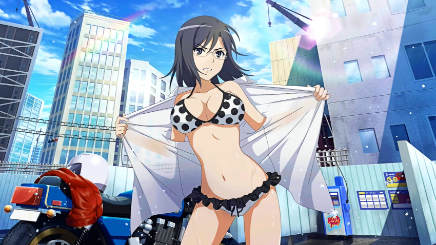 1girls absurdres angry bangs bare_shoulders belly_button bikini black_hair bra breasts cleavage collarbone curvy female female_focus female_only flashing frilled_bikini frills glasses highres imminent_sex konori_mii large_breasts matching_hair/eyes medium_breasts midriff navel official_art outside panties polka_dot polka_dot_bikini public_indecency rimless_eyewear short_hair sky solo standing stripping sweat swept_bangs swimsuit teenage_girl teenager to_aru_kagaku_no_railgun to_aru_majutsu_no_index underwear undressing wet white_bikini young