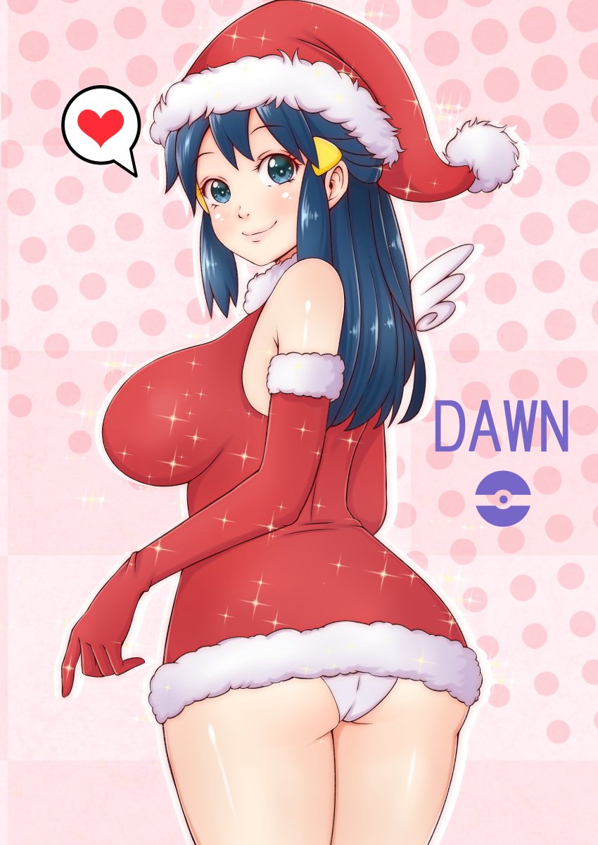 1girls ass back_view big_breasts blue_eyes blue_hair blush breasts christmas dawn_(pokemon) female female_only hat long_hair misune_art nintendo panties pokemon pokemon_dppt santa_hat sideboob smile solo spoken_heart standing thick_thighs thighs white_panties