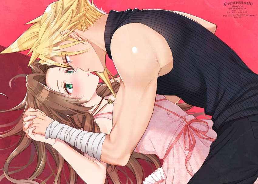 1boy 1boy1girl 1girls aerith_gainsborough arm_grab arms_above_head arms_up bandage biceps blonde_hair clothed cloud_strife eye_contact face_to_face female final_fantasy final_fantasy_vii final_fantasy_vii_remake green_eyes held_down holding_hands imminent_kiss interlocked_fingers kissing krudears long_hair male/female missionary_position not_porn on_back pink_dress pinned pinned_down restrained romantic sleeveless straight wrist_grab