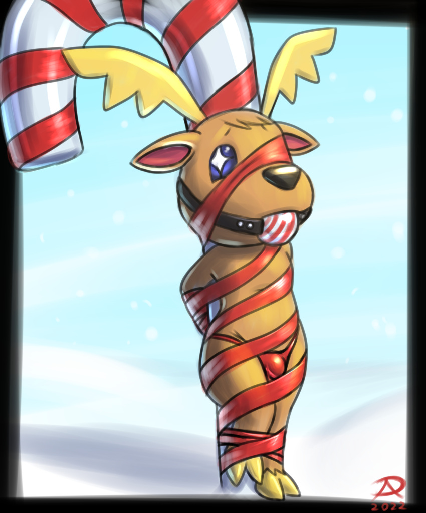 animal_crossing anthro ball_gag bondage bondage bound bulge candy candy_cane capreoline clothing cross_pupils deer dessert food gag hi_res hooves jingle_(animal_crossing) male mammal nintendo one_eye_obstructed radasus reindeer ribbon_bondage ribbons solo standing tied_to_pole underwear