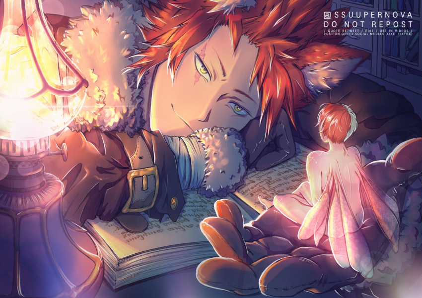 2boys book detailed_background eijirou_kirishima fairy fairy_boy fairy_size fairy_wings fairytale gloves interspecies lamp male male_only miniboy my_hero_academia nude nude_male red_hair scar scar_over_eye shouto_todoroki ssuupernova tiny two_tone_hair werewolf wings wolf_ears yaoi