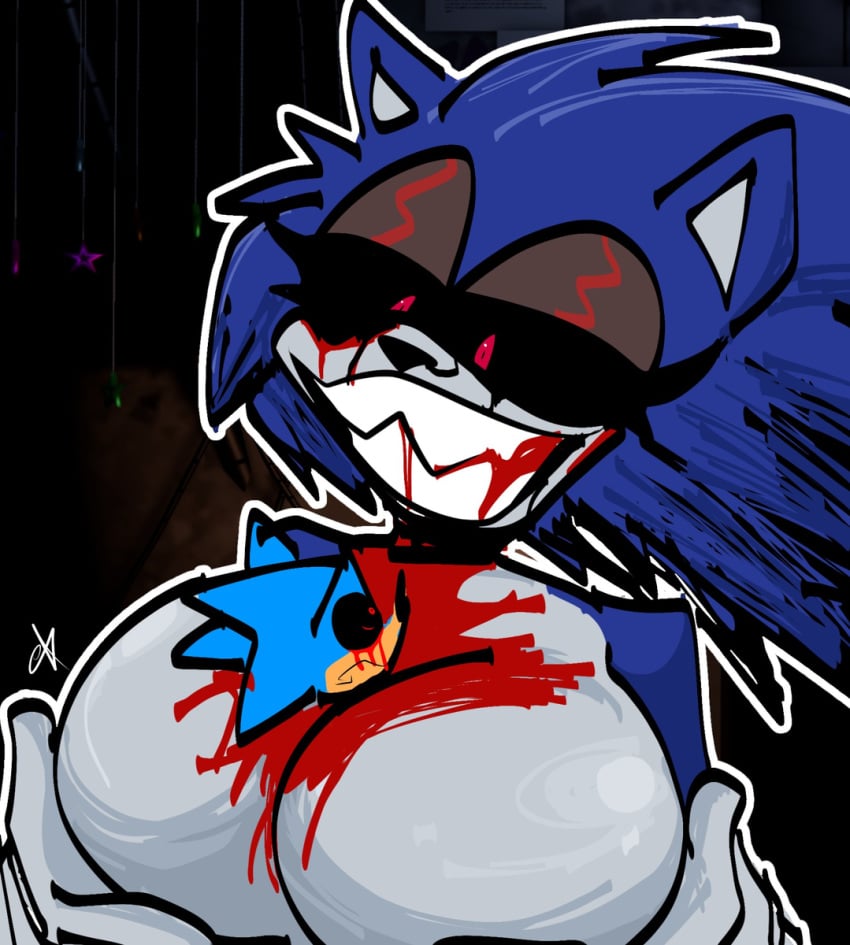 1boy 1girls anthro between_breasts big_breasts blood blood_on_face blue_fur breasts classic_sonic classic_sonic.exe demon demon_boy demon_girl demon_hedgehog exe_(revie) female friday_night_funkin genderbent giantess grabbing_own_breast grabbing_own_breasts hedgehog hedgehog_humanoid huge_breasts lidded_eyes red_eyes rule_63 scared sharp_teeth sonic.exe sonic.exe_(character) sonic.exe_(series) sonic_mania sonic_the_hedgehog springhell1201