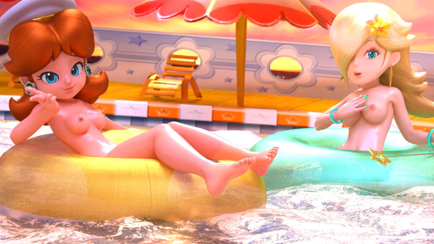 2girls 3d 3d_(artwork) blonde_hair blue_eyes boat breasts brown_hair chair cruise_ship daisy_cruiser feet female female_only flower_earrings flower_in_hair hsfrx inviting looking_at_viewer mario_(series) mario_kart mario_kart_tour multiple_girls nintendo nude nude_female pool poolside princess princess_daisy princess_rosalina sitting star stars swim_ring water