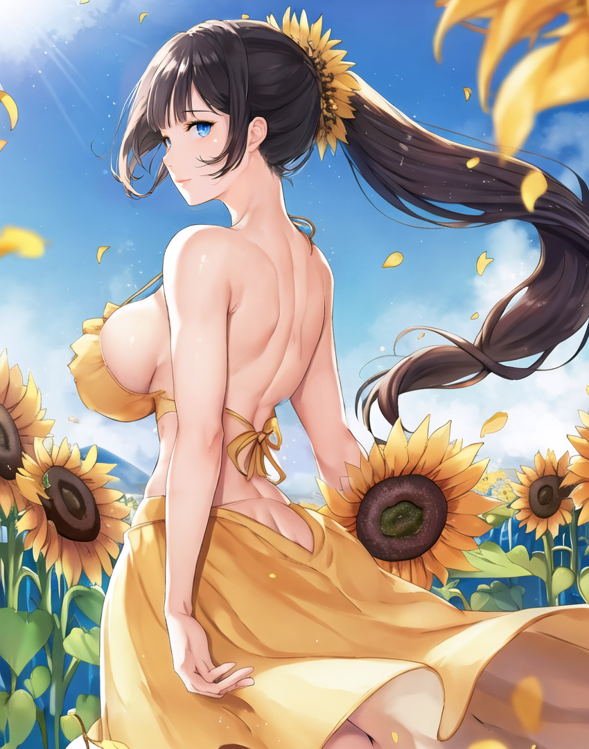 1girls 2022 ai_generated big_breasts curvaceous curvy_figure female_focus female_only hair_braid looking_at_viewer looking_back original ponytail sideboob stable_diffusion sunflowers tagme