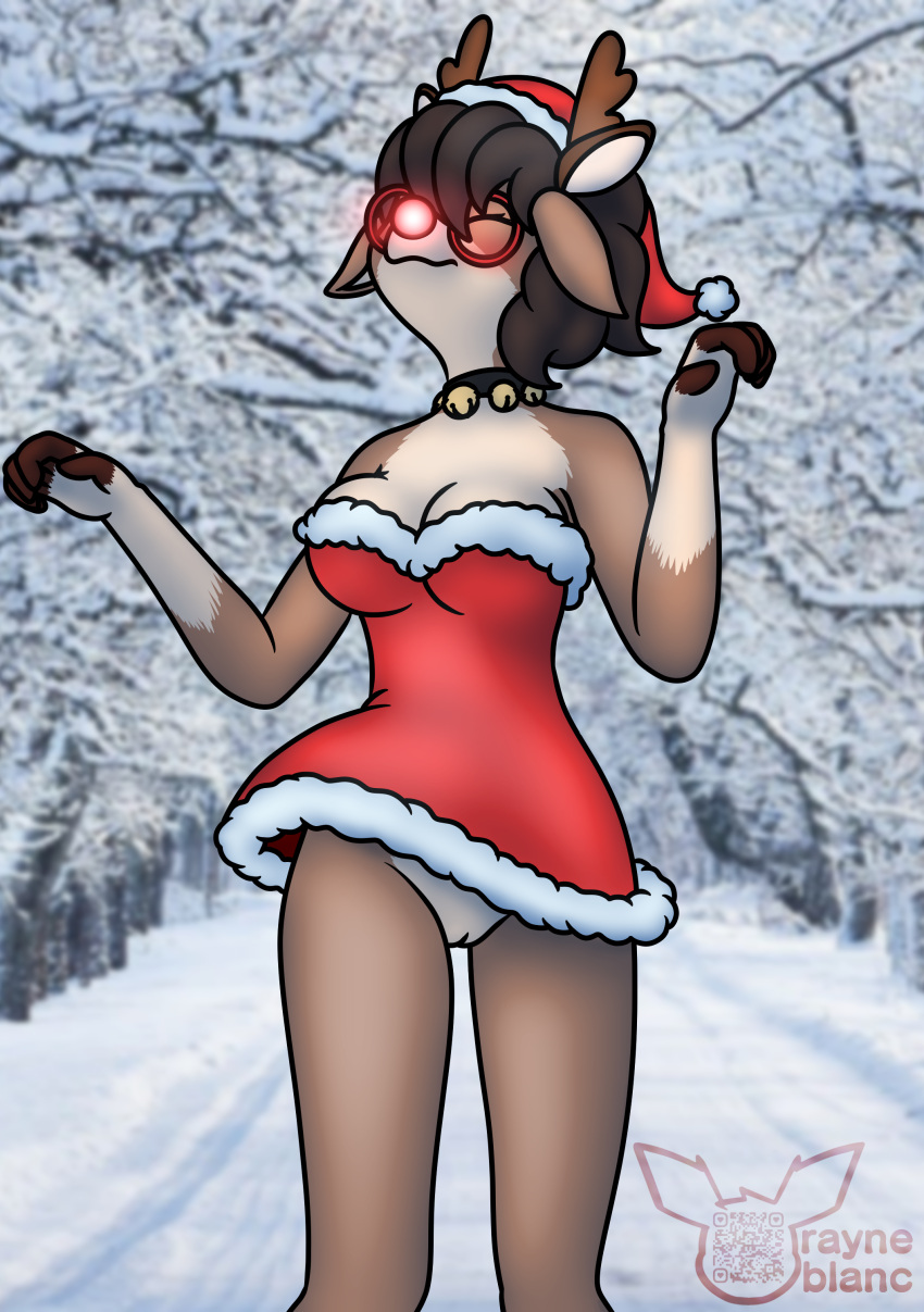 absurd_res albinoraynedeer capreoline christmas christmas_clothing christmas_dress clothing deer dress female genitals glowing glowing_nose hi_res holidays jingle_bell_collar mammal minerva_(waimix) pussy reindeer_antlers sad_cat_dance snow white-tailed_deer