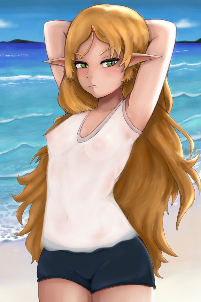 arms_behind_head beach bo4a elf green_eyes isekai_ojisan orange_hair outdoors pointy_ears see-through see-through_clothing small_breasts solo solo_female sui_(isekai_ojisan)