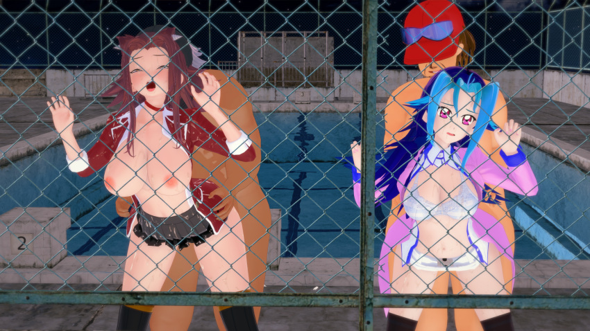 against_fence akiza_izinski blue_hair blush doggy_style female from_behind huge_breasts izayoi_aki kamishiro_rio koikatsu navel nipples nude red_hair rio_kamishiro sex short_skirt underwear yu-gi-oh! yu-gi-oh!_5d's yu-gi-oh!_zexal