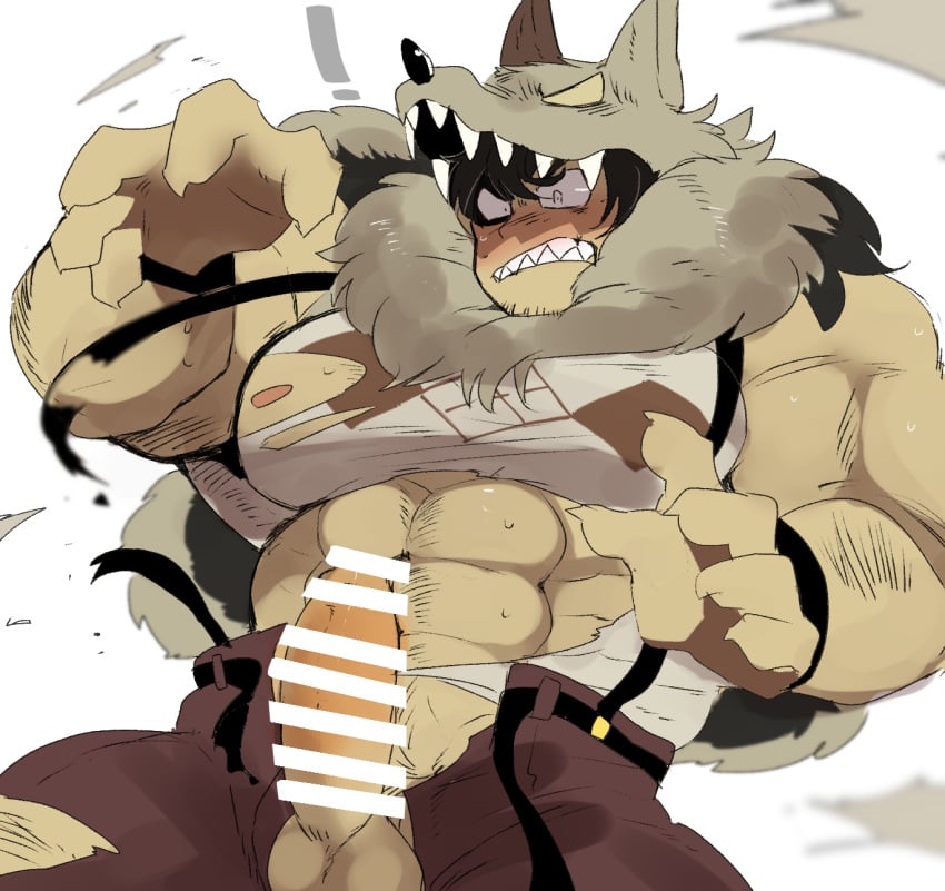 arm_hair balls bara beowulf_(skullgirls) big_penis blush body_hair boner censored_penis erection facial_hair hyaku_(artist) male male_only muscles muscular penis ripped_clothing skullgirls solo solo_male