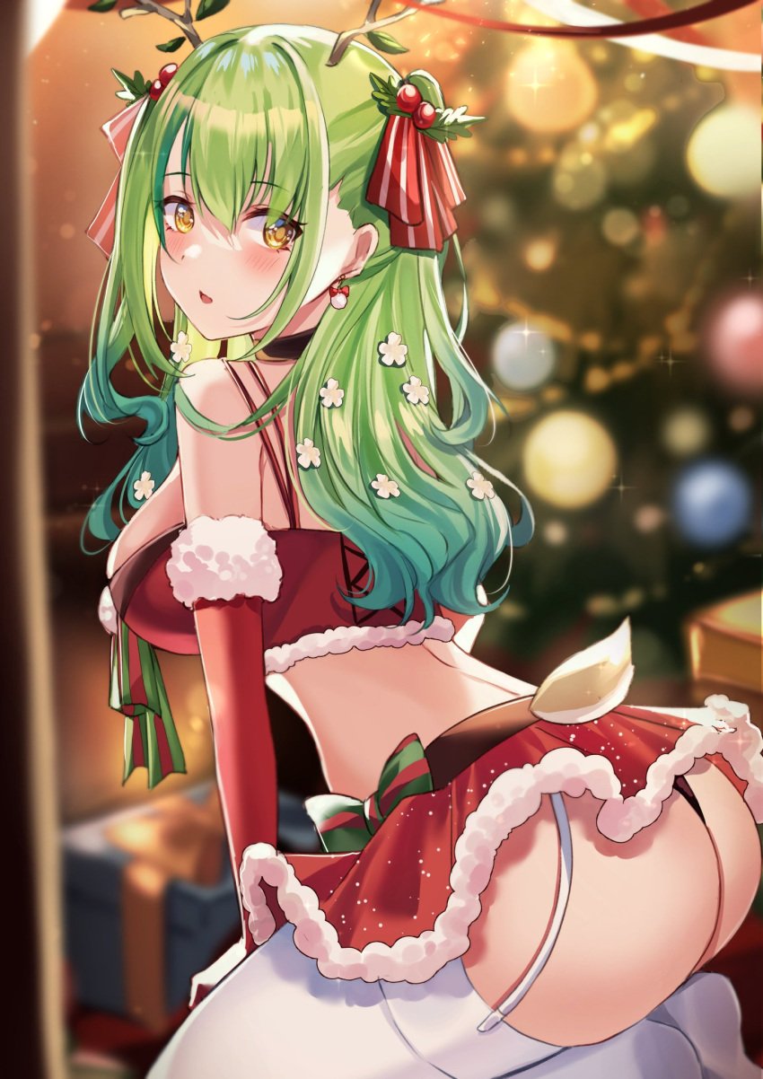 1girls bow ceres_fauna christmas christmas_outfit christmas_tree deer_tail detailed_background female female_only flowers_in_hair green_hair haruuukuma holly_(plant) hololive hololive_english hololive_english_-council- hololive_english_-promise- horns humanoid light-skinned_female light_skin looking_back mostly_clothed oak_leaf on_knees red_berries skirt solo stockings tail virtual_youtuber yellow_eyes