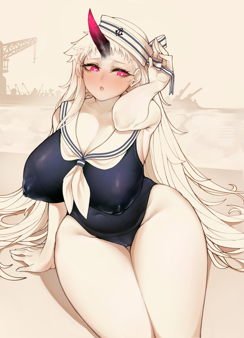 1_horn abyssal_ship belly blue_one-piece_swimsuit blush breasts cleavage collarbone covered_navel covered_nipples female grin hand_in_own_hair hat heart-shaped_pupils highres horns huge_breasts kantai_collection long_hair looking_at_viewer one-piece_swimsuit pale_skin pink_eyes plump sailor_collar sailor_hat seaport_hime sitting smile solo swimsuit uni_(oni_unicorn) white_hair wide_hips