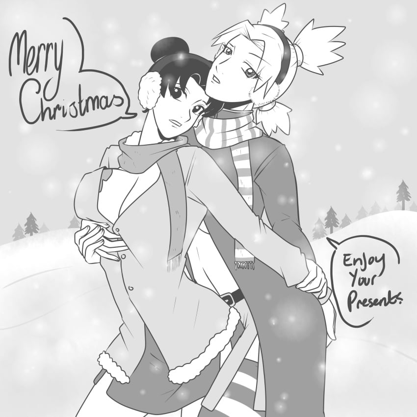 2girls ass ass_grab breast_grab breasts christmas cleavage cloak female female/female female_only greyscale groping mattwilson83 monochrome multiple_girls naruto naruto_(series) naruto_shippuden no_bra scarf speech_bubble temari tenten text underboob yuri