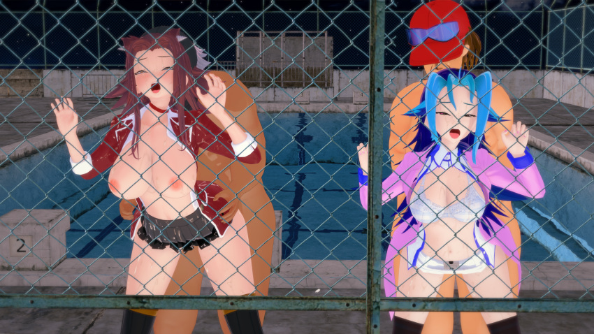 against_fence akiza_izinski blue_hair blush doggy_style female from_behind huge_breasts izayoi_aki kamishiro_rio koikatsu legwear navel nipples nude open_mouth red_hair rio_kamishiro short_skirt sweat underwear yu-gi-oh! yu-gi-oh!_5d's yu-gi-oh!_zexal