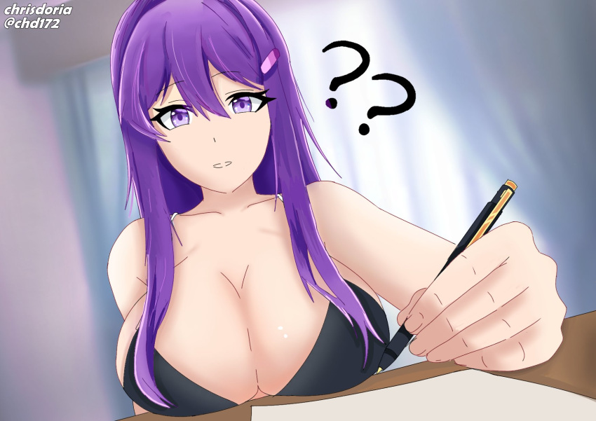 1girls 5_fingers ?? big_breasts breasts chd172_(artist) chrisdorian chrisdorian17_(artist) doki_doki_literature_club female female_only long_hair pen purple_eyes purple_hair solo solo_female twitter_username yuri_(doki_doki_literature_club)