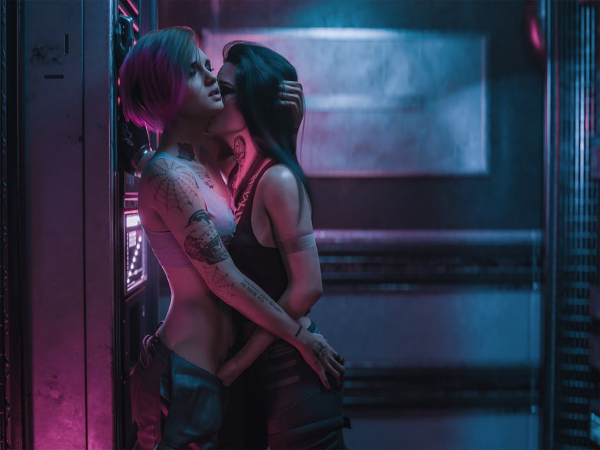 2girls 3d 3d_(artwork) ass_grab blender blender_(software) clothed clothing cyberpunk_2077 ecksoh female female_focus female_on_top female_only judy_alvarez kissing masturbation tattoo tattoos v_(cyberpunk_2077) valerie_(cyberpunk_2077) vulva_handjob yuri