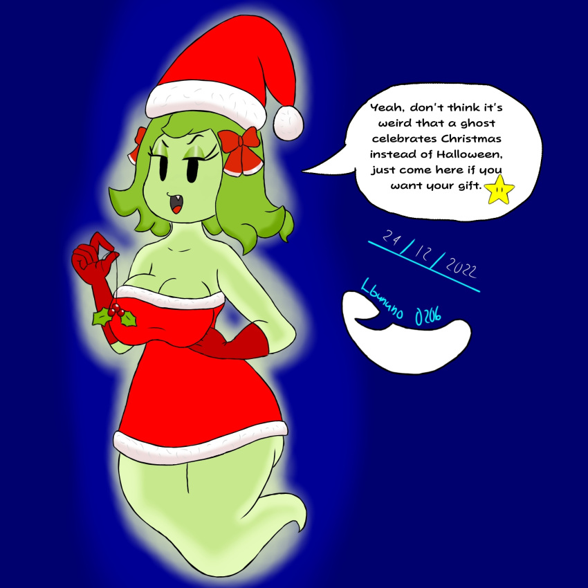 black_eyes christmas christmas_clothing female_only ghost_girl hairbow lady_bow lbanano0206 mario_(series) mistletoe paper_mario text