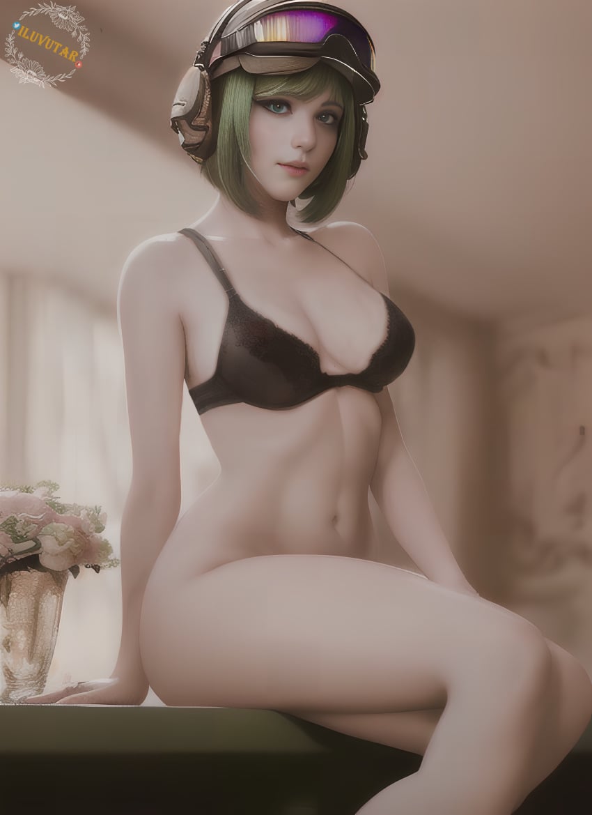 black_bra blue_eyes ela_(rainbow_six) ela_bosak female female_focus fit_female glowing_body green_hair headgear illuvutar innocent lingerie lips long_legs pale_skin rainbow_six rainbow_six_siege seductive sex soft_breasts soft_shading solo_focus tom_clancy ubisoft white_background white_body white_skin