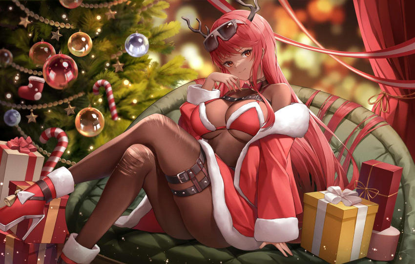 1girls big_breasts christmas christmas_tree cleavage dark-skinned_female eyewear_on_head female female_only gift_box goddess_of_victory:_nikke heels highres looking_at_viewer santa_costume sunglasses sunglasses_on_head volume_(nikke)