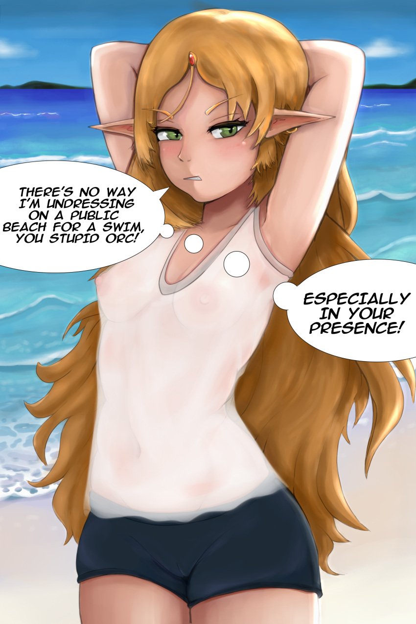 arms_behind_head beach bo4a dialogue elf green_eyes isekai_ojisan orange_hair outdoors pointy_ears see-through see-through_clothing small_breasts solo solo_female speech_bubble sui_(isekai_ojisan) text