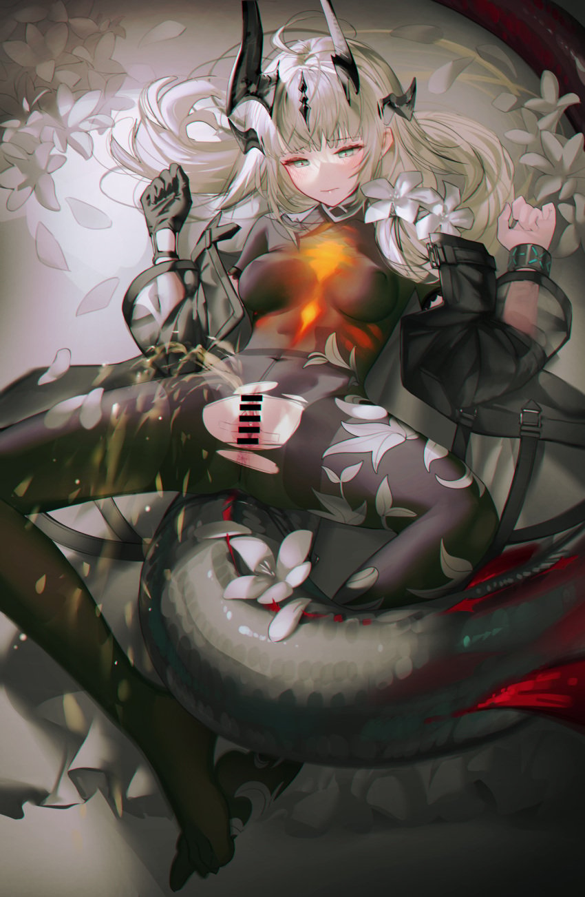 anus arknights bangle bar_censor black_gloves black_pantyhose blonde_hair bodystocking bracelet censored covered_nipples dragon_girl dragon_horns dragon_tail female floral_print flower gloves green_eyes highres horns infection_monitor_(arknights) iumu jacket jewelry light_in_heart long_hair lying no_panties no_shoes on_back open_clothes open_jacket pantyhose peeing peeing_on_viewer petals pussy reed_(arknights) single_glove spread_legs tail torn_clothes torn_pantyhose urine