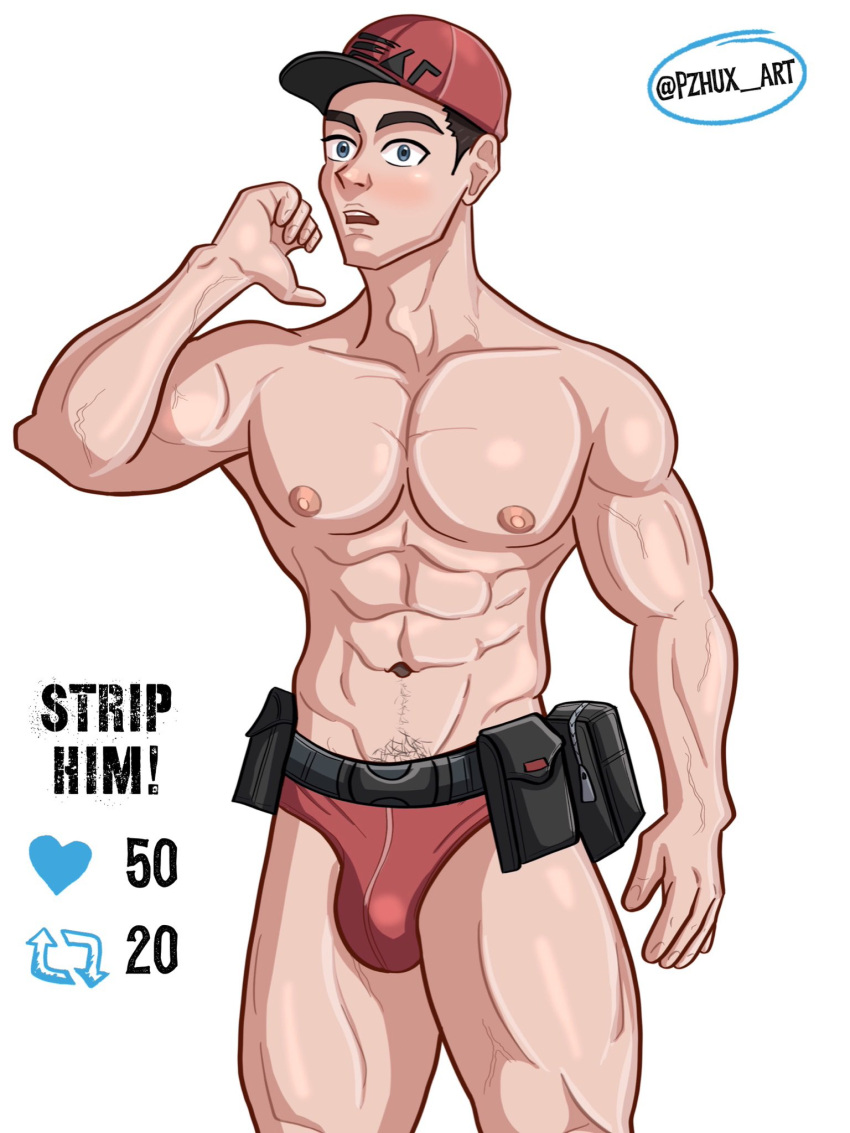 bulge courier_(pokemon) english_text male male_only muscles muscular muscular_male pokemon pokemon_sv pzhux smooth_chest smooth_skin strip_game surprised underwear