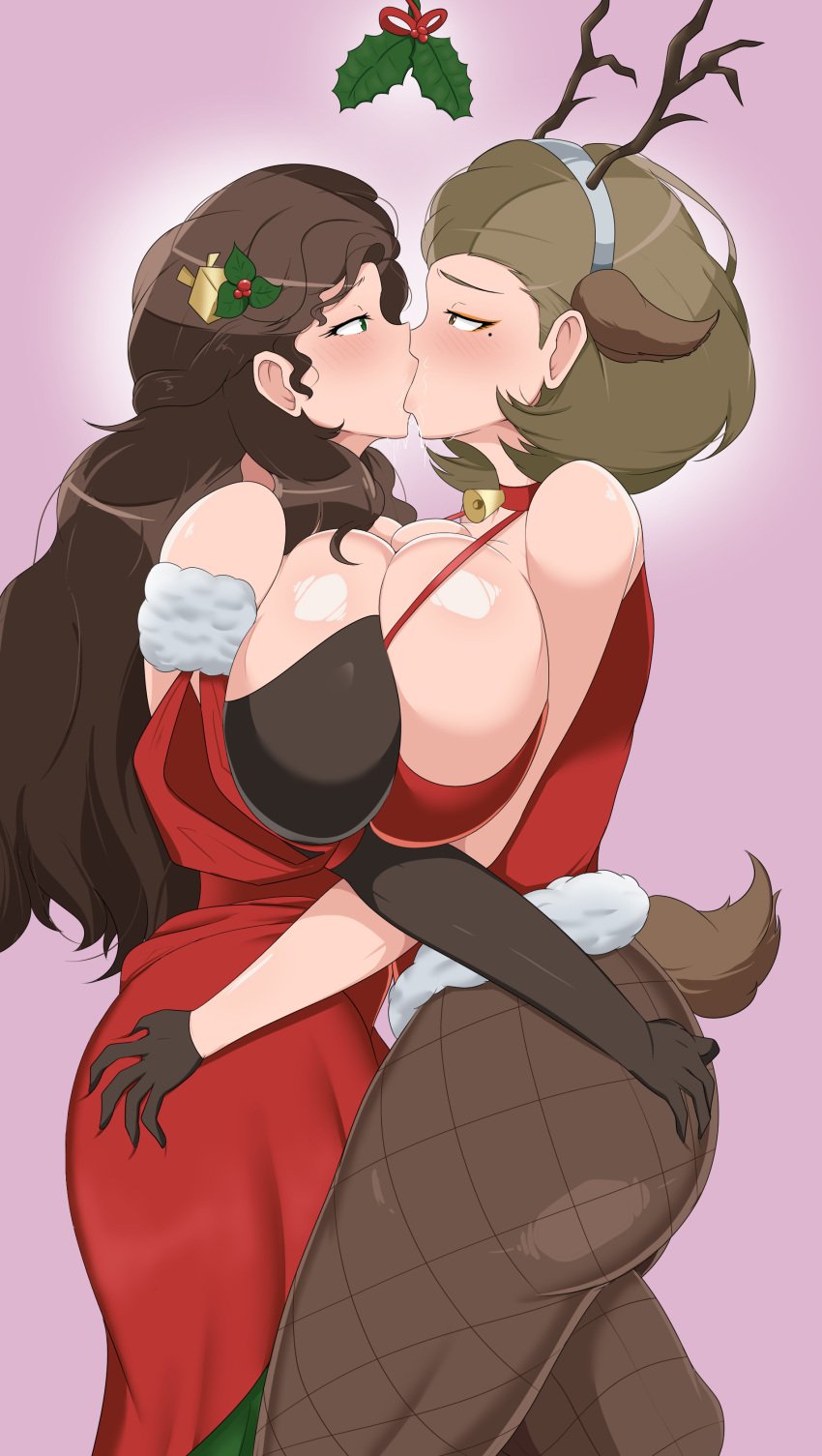 2girls alternate_costume alternate_hairstyle antlers ass ass_grab beauty_mark bell braid breast_press breasts brown_eyes brown_hair choker christmas christmas_outfit cleavage codenamedeepthroat commission curvy dorothea_arnault dorothea_arnault_(winter) dress elbow_gloves eyeshadow female female_only fire_emblem fire_emblem:_three_houses fire_emblem_heroes fire_emblem_warriors:_three_hopes fishnet_legwear fishnets frottage gloves green_eyes groping hairband huge_breasts kissing large_ass long_hair looking_at_another makeup manuela_casagranda manuela_casagranda_(winter) mature mature_female medium_hair mistletoe mole mole_under_eye multiple_girls nintendo official_alternate_costume official_alternate_hairstyle orange_eyeshadow rubbing_pussy sideboob symmetrical_docking thick_thighs thighs very_long_hair voluptuous yuri