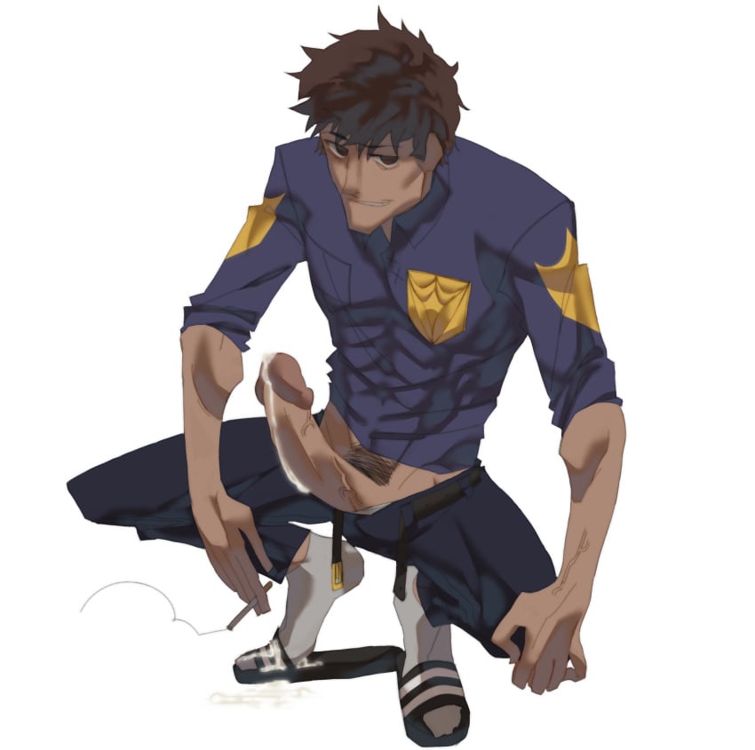 1boy 2d abs big_penis bodily_fluids cigarette clothing crouching cum looking_at_viewer male male_only masturbation penis police_uniform precum precum_drip precum_on_penis simple_background socks underworld_office white_background white_socks