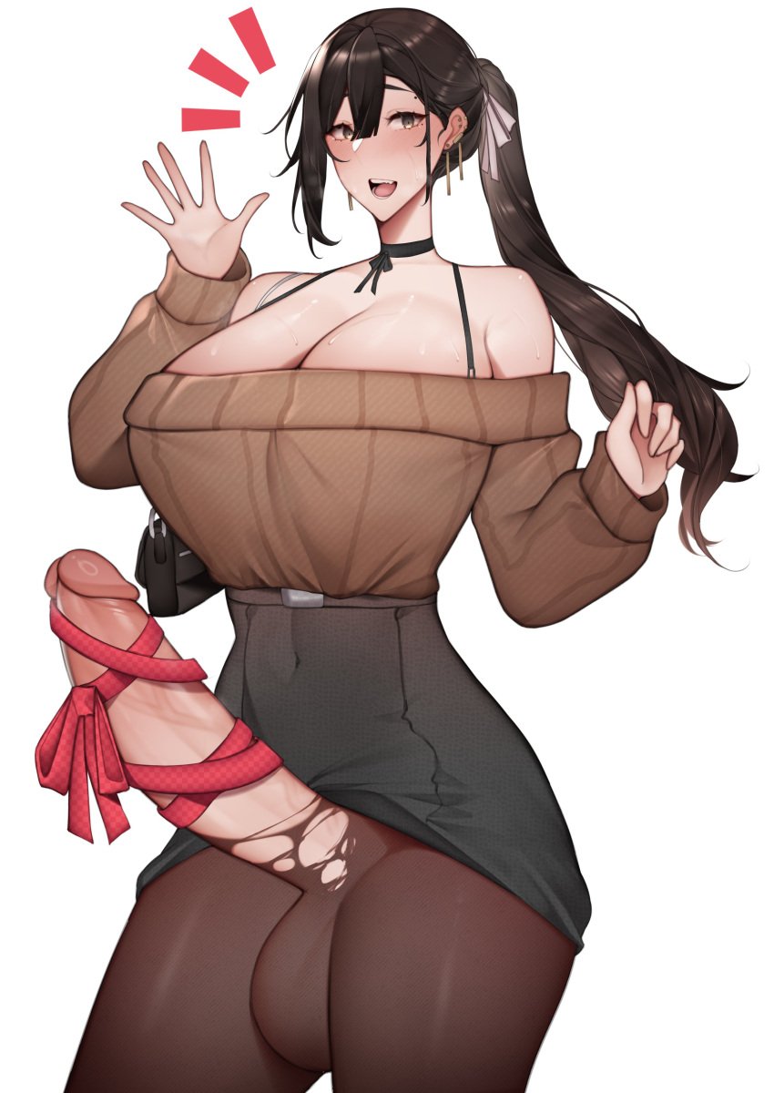 1futa 2022 balls big_balls breasts brown_eyes brown_hair christmas cleavage clothed clothed_futanari clothing erection futa_only futanari hips huge_breasts huge_cock human light-skinned_futanari light_skin long_hair massive_breasts mostly_clothed niwada_(unbeller) original original_character penis ribbon ribbon_on_penis slim_waist solo standing thick_thighs thighs tights torn_clothes torn_leggings unbeller uncensored wide_hips