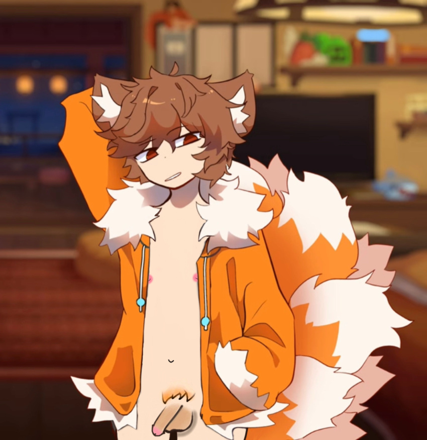 1boy arm_behind_head background brown_eyes brown_hair clothing cute fox fox_ears fox_tail furry gd_colon hand_in_pocket jacket no_pants orange_fur orange_tail penis pockets shirtless shirtless_(male) tail white_fur