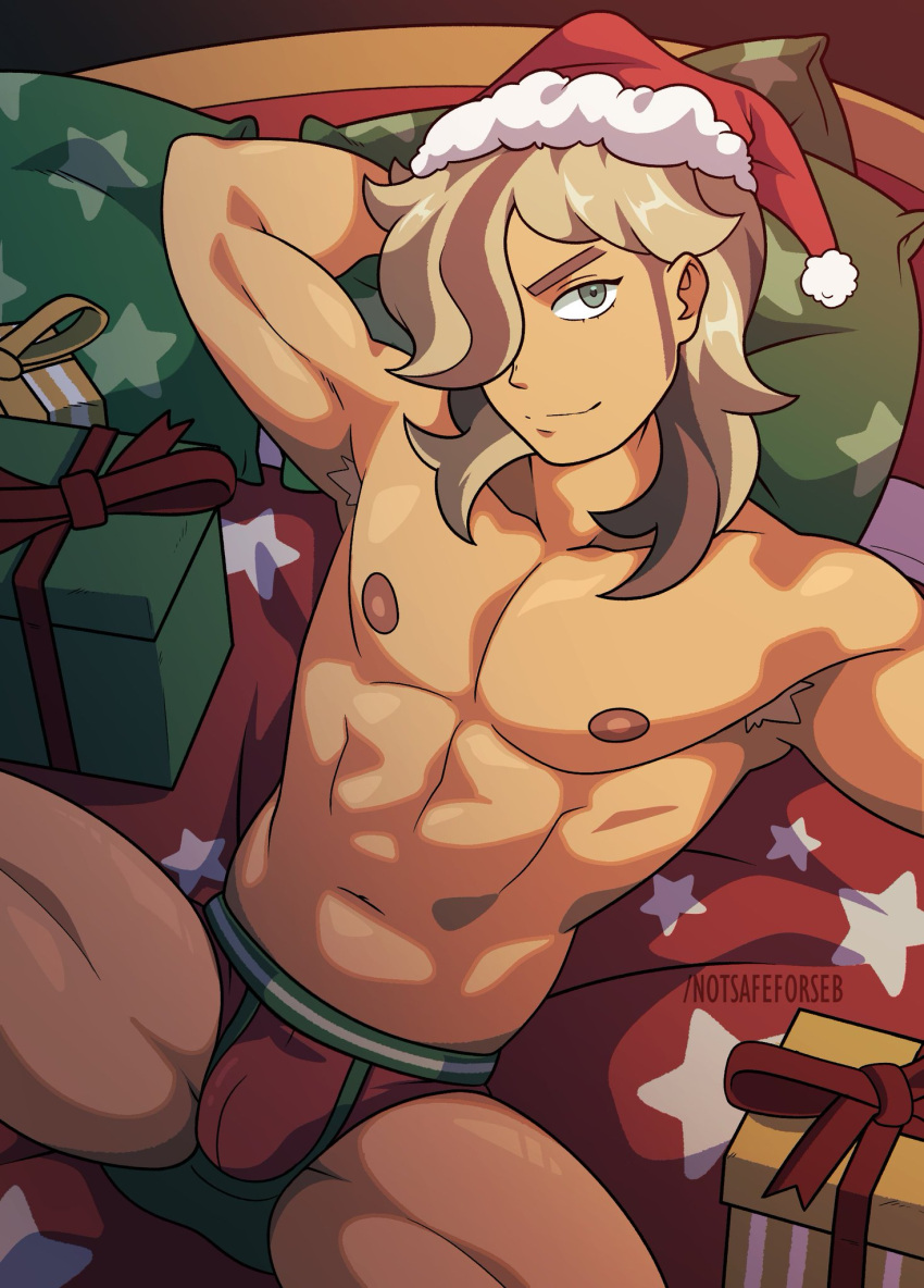 armpits arven_(pokemon) bulge christmas looking_at_viewer male male_only muscles muscular muscular_male notsafeforseb pokemon pokemon_sv presents santa_hat spread_legs underwear underwear_only