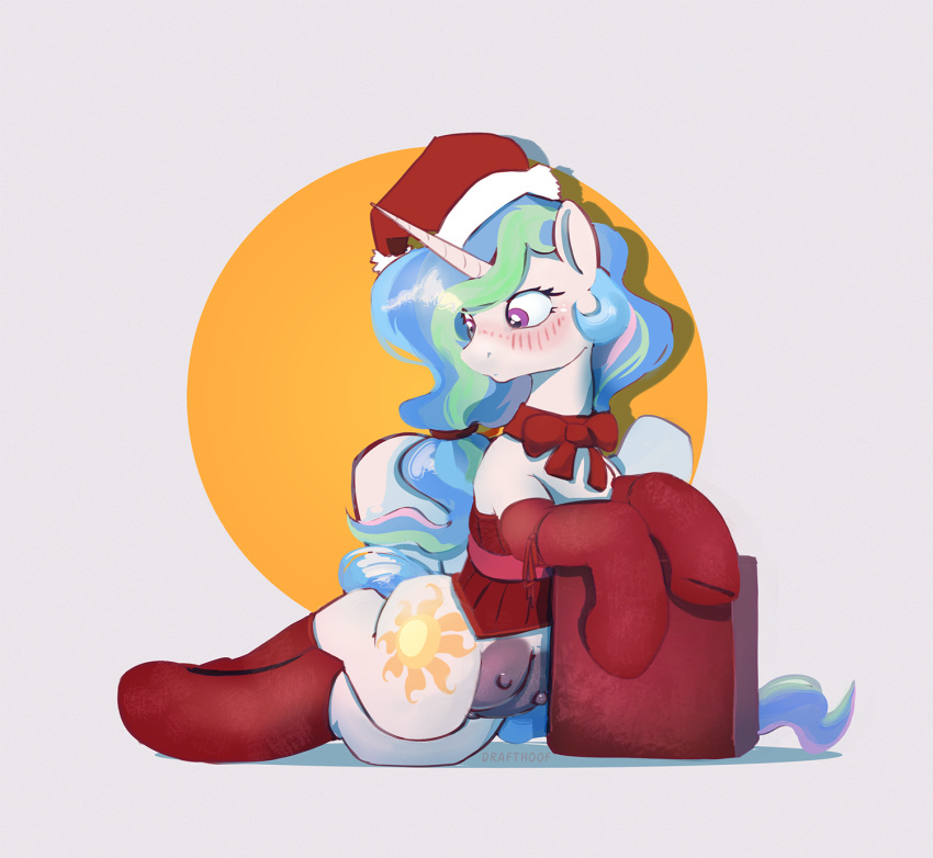 clothing costume crotchboobs drafthoof female feral friendship_is_magic hasbro hi_res my_little_pony non-human_areolae princess_celestia_(mlp) santa_costume solo