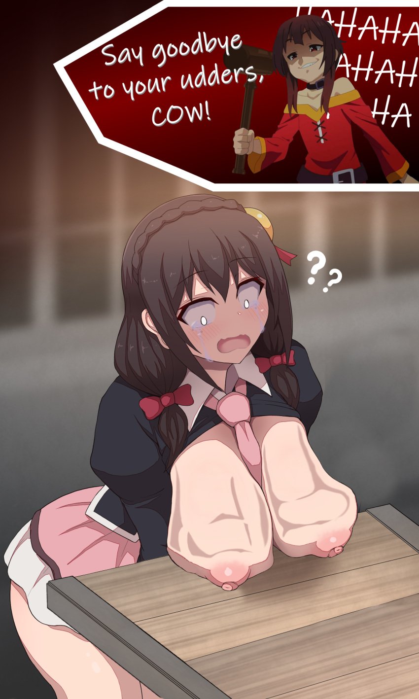 2girls abuse afraid breast_torture bullying crying crying_with_eyes_open empty_eyes female female_only femsub hammer kono_subarashii_sekai_ni_shukufuku_wo! lezdom mallet megumin multiple_girls nipple_torture pain red_eyes revenge ruined_breasts ryona scared scared_expression table torture yandere yunyun_(konosuba) yuri