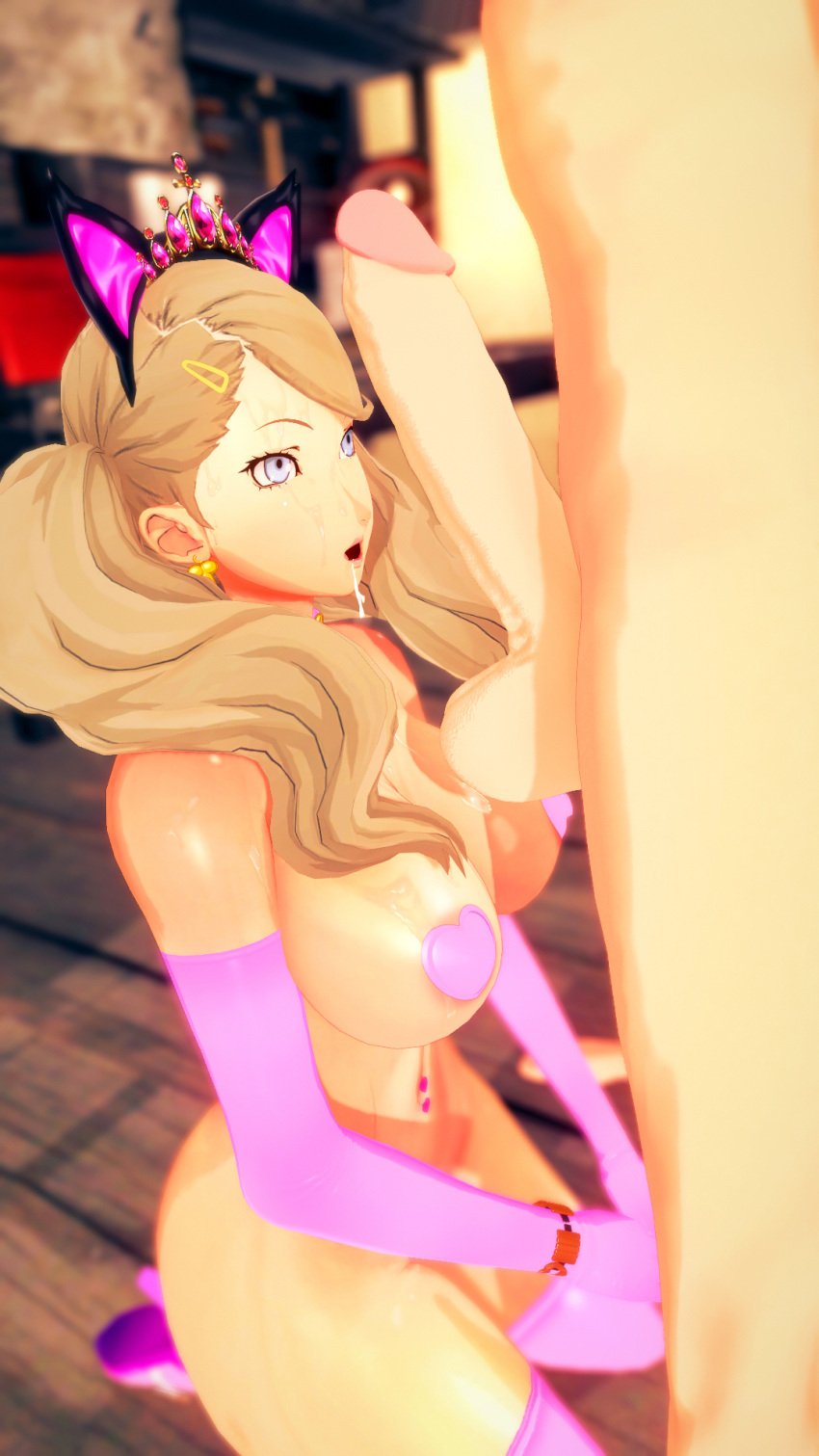 3d 3d_(artwork) ann_takamaki bikini cock_shock cock_worship cognitive_ann drooling huge_breasts huge_cock koikatsu panther persona persona_5 suguru_kamoshida