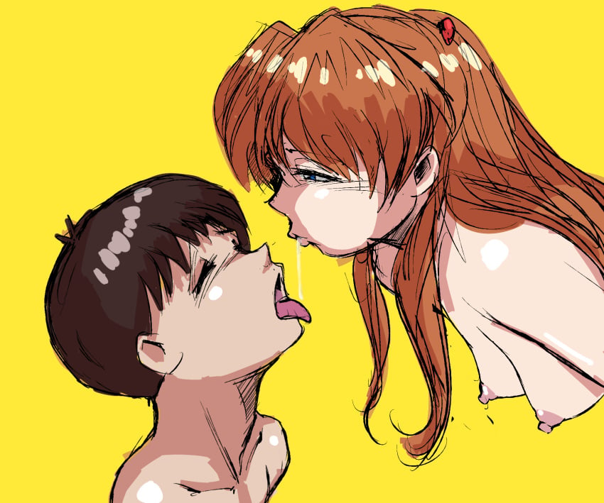 1boy 1boy1girl 1girls asuka_langley_sohryu breasts closed_eyes female hi_res highres looking_at_partner male male/female naked neon_genesis_evangelion nipples nude open_mouth orange_hair saliva saliva_swap shinji_ikari simple_background spitting spitting_in_mouth tongue tongue_out yashiro_a._marino yellow_background