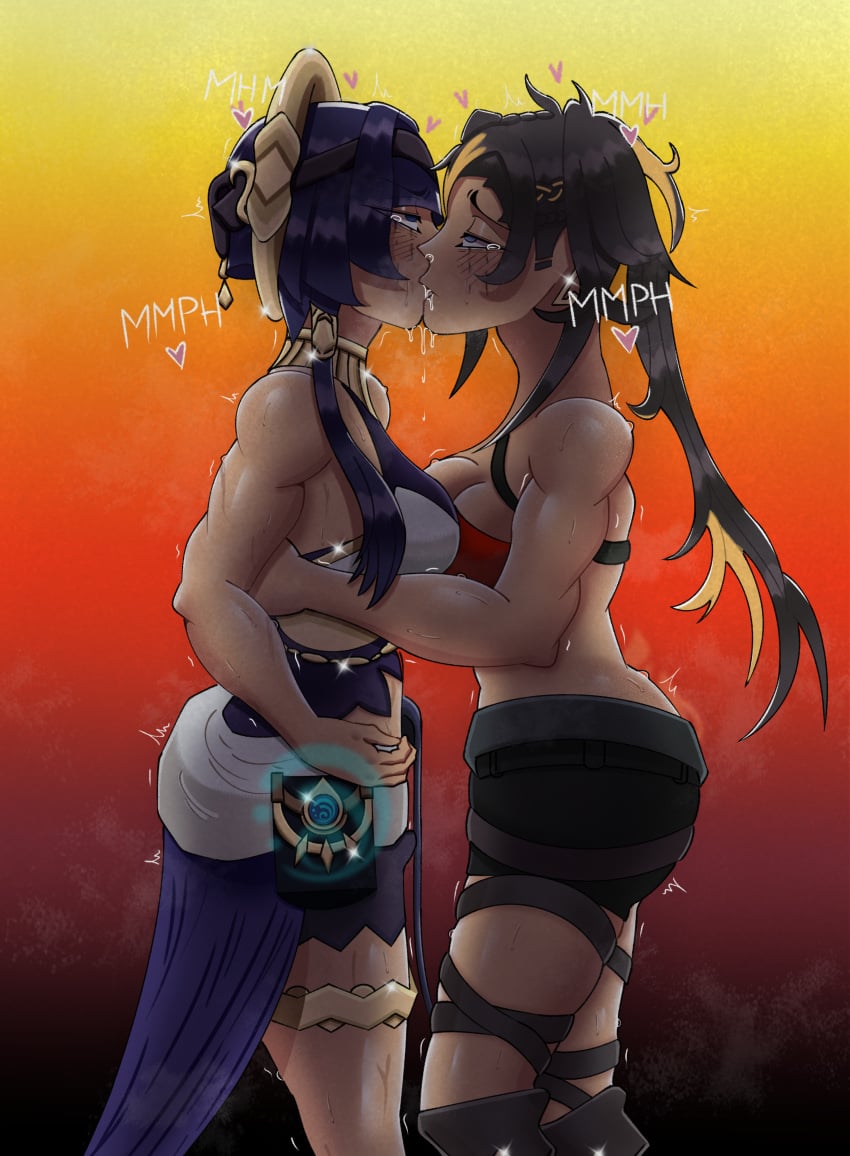 2girls ass big_ass big_breasts big_butt blue_eyes blue_hair blush breasts candace_(genshin_impact) clothed clothing dehya_(genshin_impact) drooling female female_only genshin_impact gold_(metal) grey_hair itzaysel kissing moan moaning muscular muscular_female runny_makeup sweat sweatdrop sweating tears thecoomerartist yuri