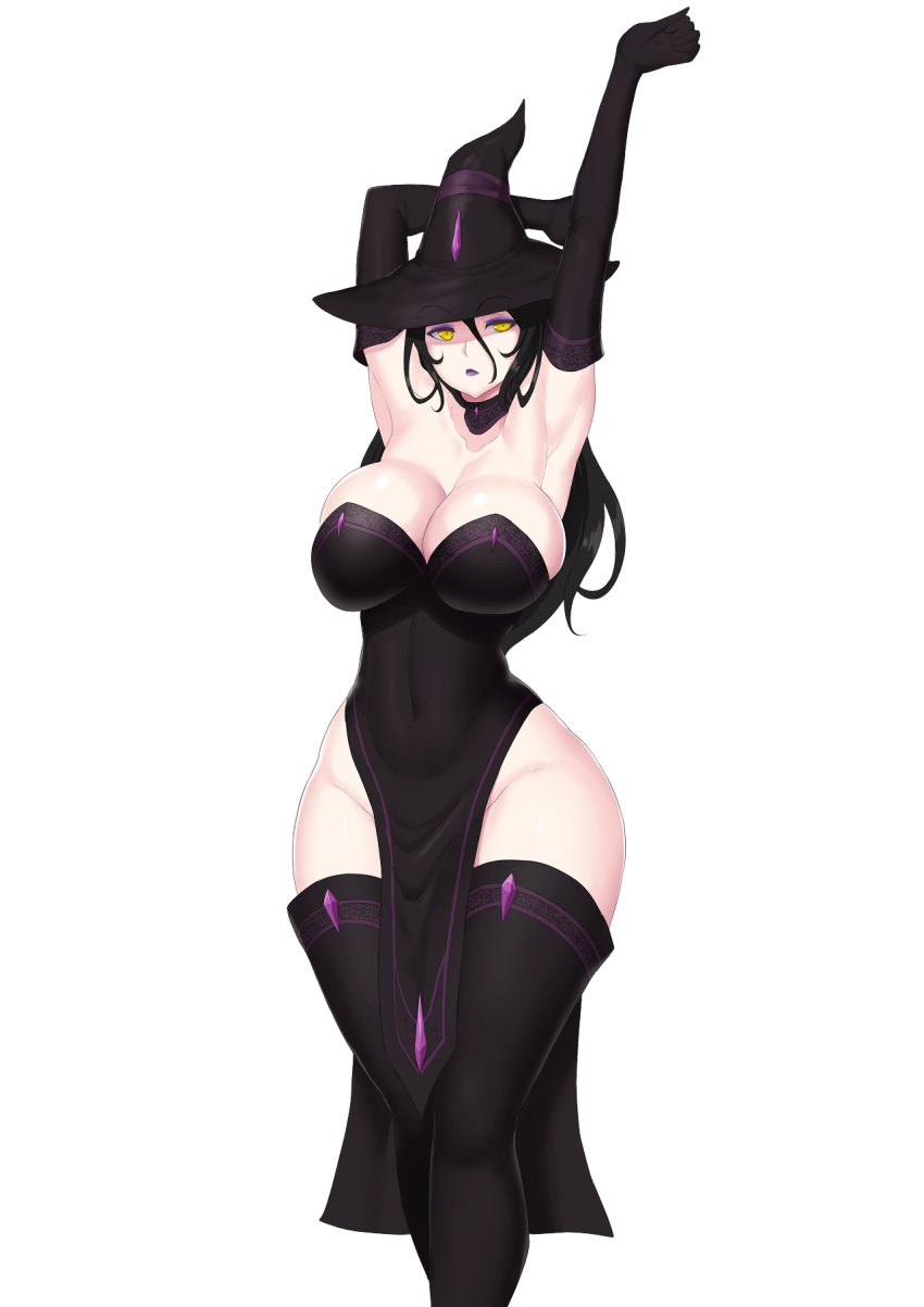 armpits arms_up belly_button_visible_through_clothing big_breasts black_clothes black_gloves black_hair black_hat black_lipstick black_thigh_socks breasts bubble_ass bubble_butt covered_nipples covered_pussy game_cg kainkout long_hair official_art seducing seduction seductive shiny_skin succubus_covenant thigh_socks voluptuous voluptuous_female white_skin witch witch_hat yellow_eyes