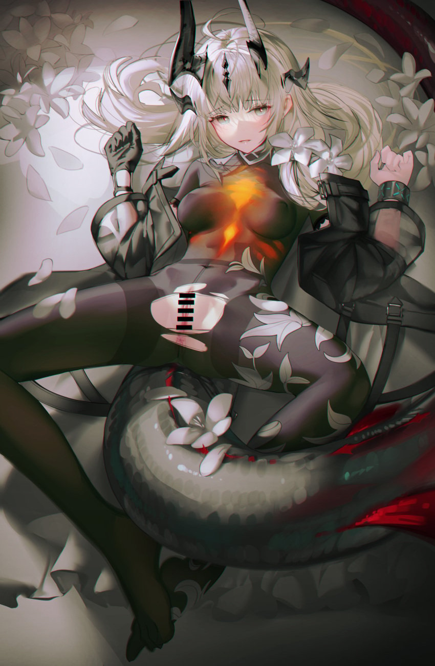 anus arknights bangle bar_censor black_gloves black_pantyhose blonde_hair bodystocking bracelet censored covered_nipples dragon_girl dragon_horns dragon_tail female floral_print flower gloves green_eyes highres horns infection_monitor_(arknights) iumu jacket jewelry light_in_heart long_hair lying no_panties no_shoes on_back open_clothes open_jacket pantyhose petals pussy reed_(arknights) single_glove spread_legs tail torn_clothes torn_pantyhose