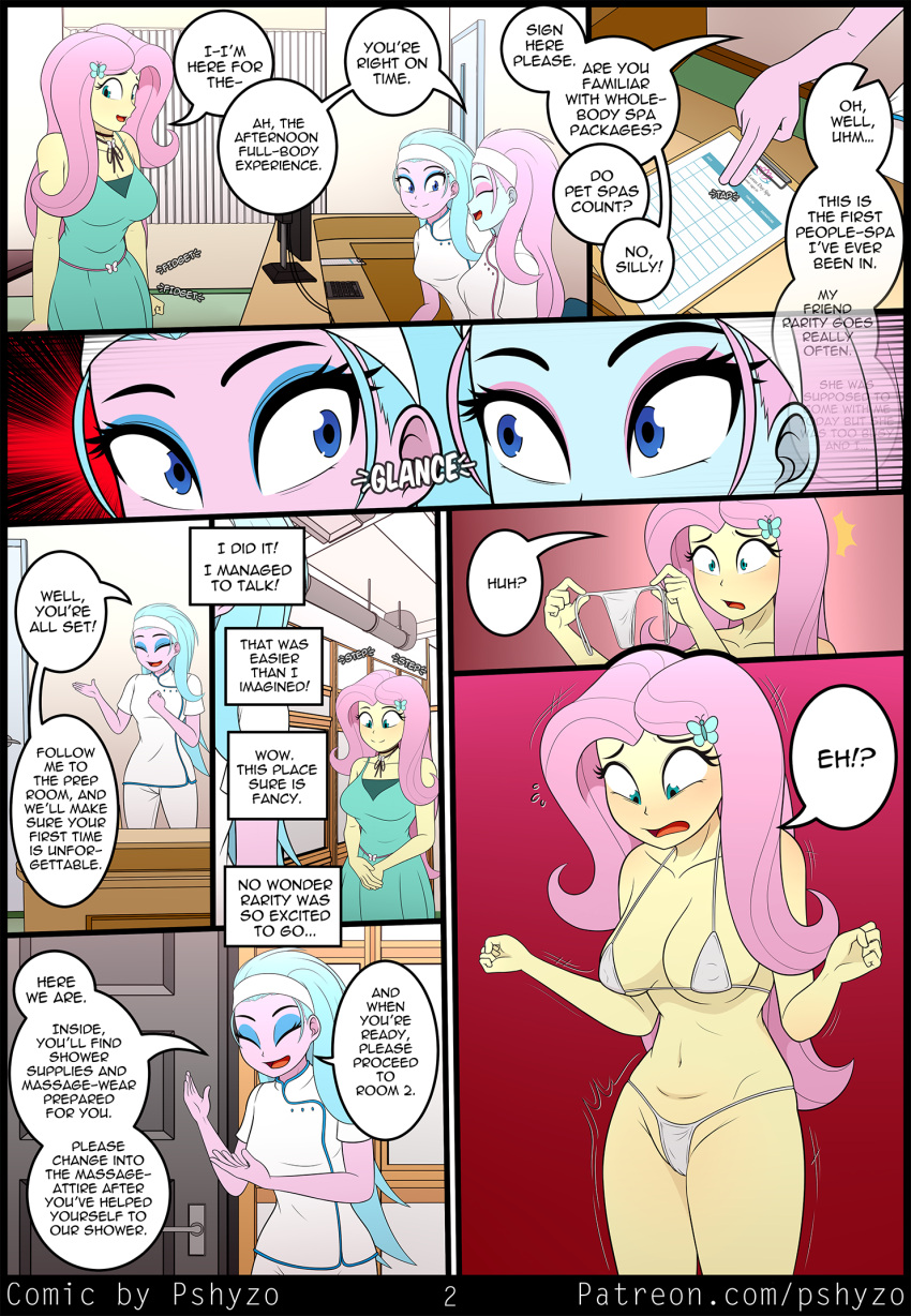 3girls aloe_(mlp) big_breasts blush breasts cleavage comic dialogue embarrassed english_text equestria_girls female female_only females_only fluttershy_(eg) fluttershy_(mlp) friendship_is_magic hasbro hi_res highres human humanized inner_monologue large_breasts lotus_blossom micro_bikini multiple_girls my_little_pony navel pshyzo spa_sisters_(mlp) spa_treatment speech_bubble straight_hair text