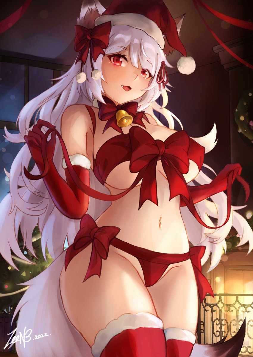 alternate_version_available animal_ears barely_clothed bell_choker bow breasts christmas christmas_tree female female_focus female_only fox_ears fox_girl fox_tail foxplushy hair_ribbon hairbow happy happy_female indie_virtual_youtuber large_breasts long_hair oerba_yun_fang red_choker red_eyes ribbon ribbons santa_hat solo solo_female solo_focus virtual_youtuber white_hair window wreath zee_n3