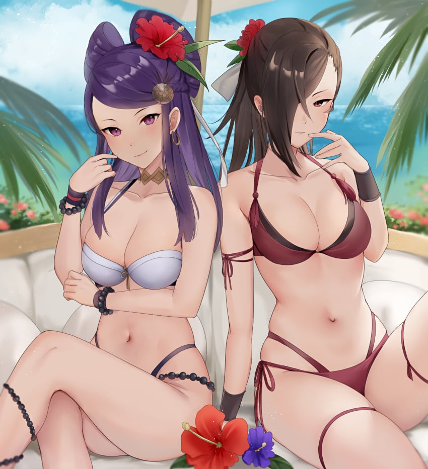 2girls alternate_costume beach_umbrella bead_bracelet beads bikini blue_sky bracelet breasts brown_hair closed_mouth cloud couch crossed_legs day earrings female female_only fire_emblem fire_emblem_fates flower hair_flower hair_ornament hair_over_one_eye hand_up haru_(nakajou-28) hibiscus highres jewelry kagero_(fire_emblem) large_breasts long_hair looking_at_viewer multi-strapped_bikini multiple_girls navel nintendo ocean orochi_(fire_emblem) outdoors palm_tree ponytail purple_eyes purple_hair red_bikini red_eyes red_flower red_swimsuit side-tie_bikini_bottom sitting sky smile stomach swimsuit thigh_strap thighs tree umbrella white_bikini white_swimsuit