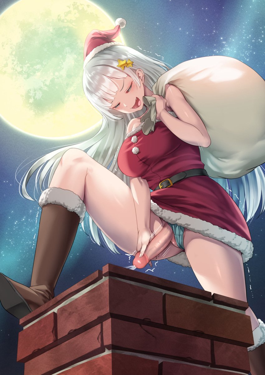 1futa ayanakitori bangs big_penis boots breasts chimney closed_eyes clothed clothing cum cute_fang decensored ejaculation erection full_moon futa_only futa_sans_balls futanari hairpin human light-skinned_futanari light_skin long_hair masturbation mostly_clothed orgasm panties_aside penis sack santa_costume silver_hair sleeveless_dress solo uncensored white_hair