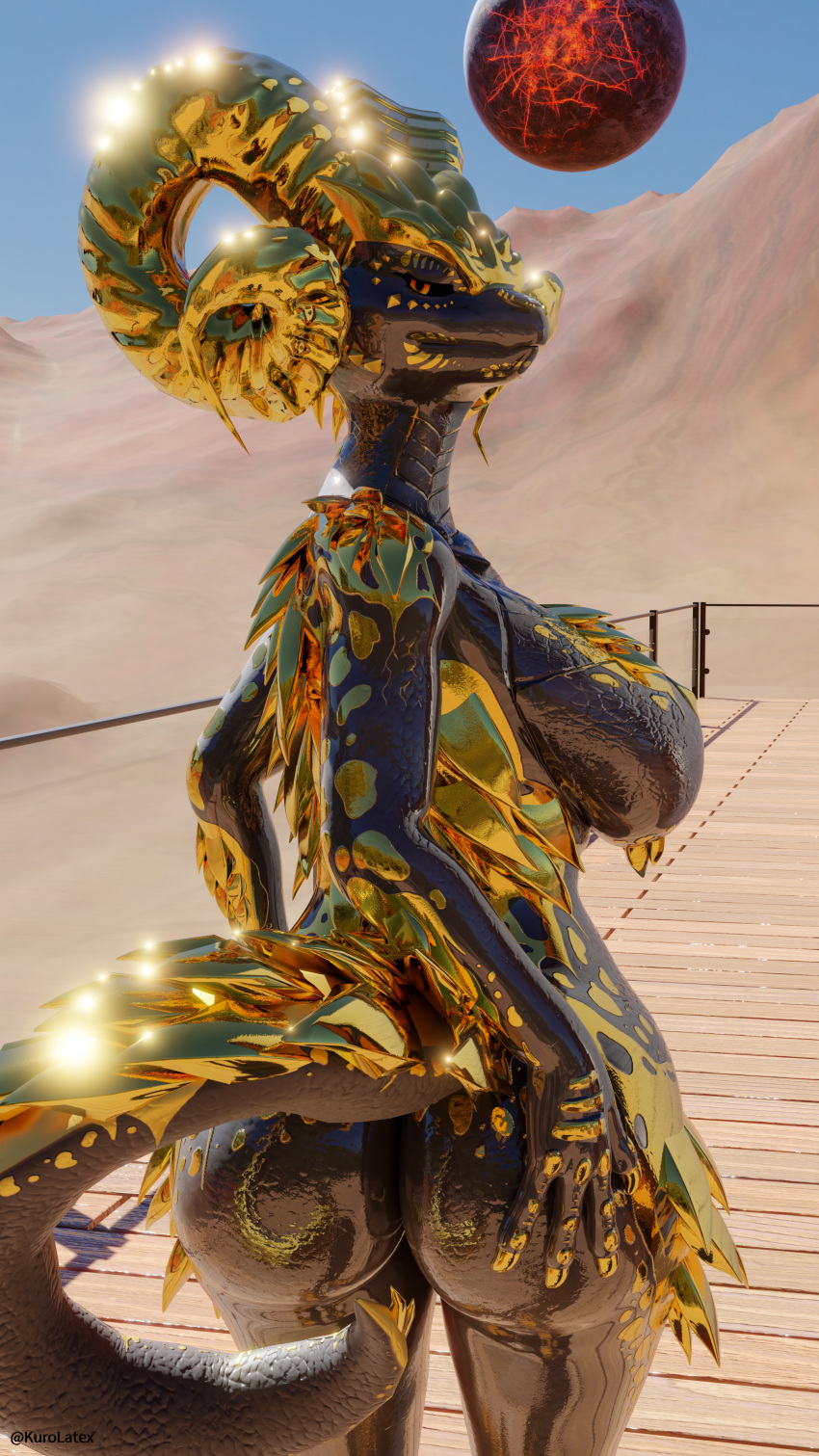 3d absurd_res anthro capcom dragon elder_dragon female gold golden hi_res hunter kulve_taroth kurolatex monster monster_hunter moon planet solo