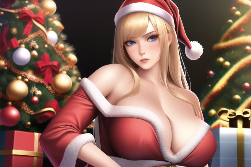 1girls ai_generated alice_schuberg alluring big_breasts blonde_hair blue_eyes christmas_outfit nai_diffusion nightcore_(artist) santa_hat santa_outfit stable_diffusion sword_art_online