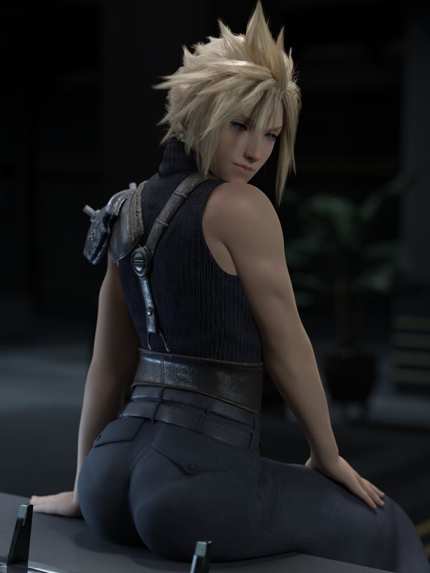 1boy 3d 3d_(artwork) ass blonde_hair blue_eyes clothed cloud_strife emberstock femboy final_fantasy final_fantasy_vii final_fantasy_vii_remake fully_clothed light-skinned_femboy light-skinned_male light_skin looking_at_viewer looking_back male male_focus male_only pantylines pretty_boy sitting solo twink