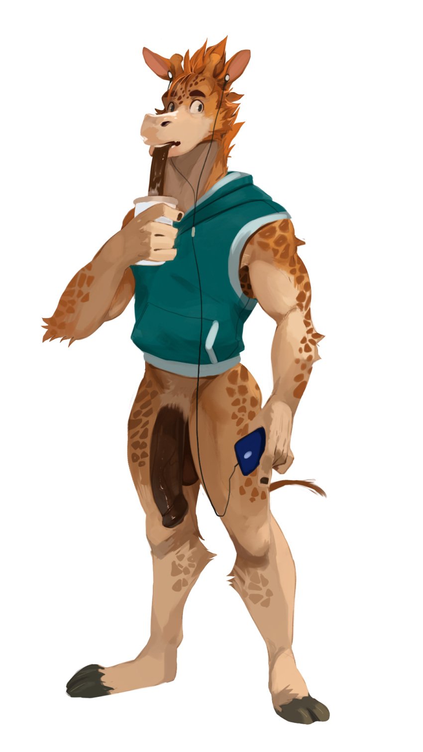 1boy anthro bakemonoy balls big_penis bottomless brown_penis cellphone clothed clothing container cup esteban_(sleepylp) flaccid fur genitals headphones hi_res holding_container holding_cup holding_object holding_phone hooves horn long_tongue looking_at_viewer male male_only ossicone partially_clothed penis phone sleeveless_hoodie smartphone solo spots spotted_body spotted_fur tan_body tan_fur tongue tongue_out